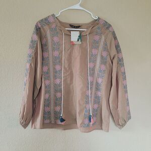 Womens Peasant Boho Top Sz 8 Floral Balloon Sleeves Tassel Boho Lightweight Nwt